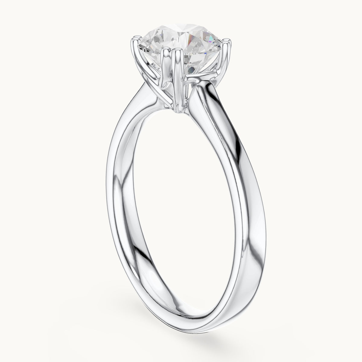 Round lab-grown diamond scroll-gallery four-prong solitaire engagement ring in white gold, 1.10 CT TW, view 1