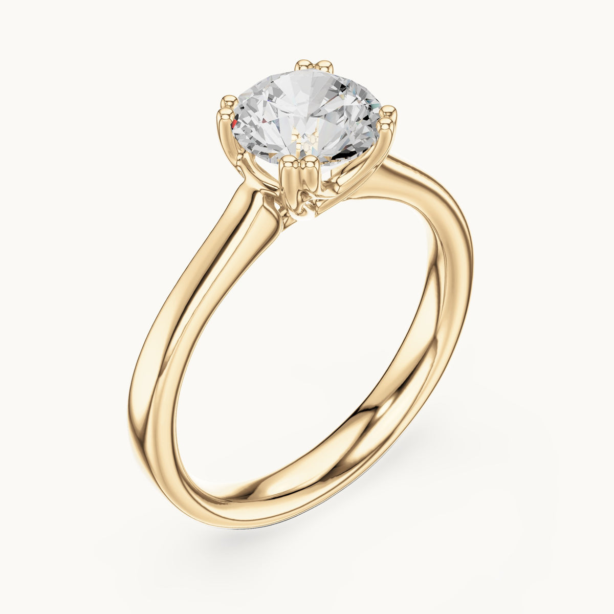 Round lab-grown diamond scroll-gallery four-prong solitaire engagement ring in yellow gold, 1.10 CT TW, view 2