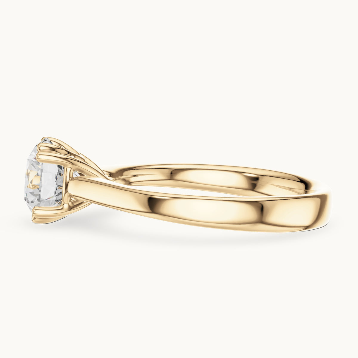 Round lab-grown diamond scroll-gallery four-prong solitaire engagement ring in yellow gold, 1.10 CT TW, view 3