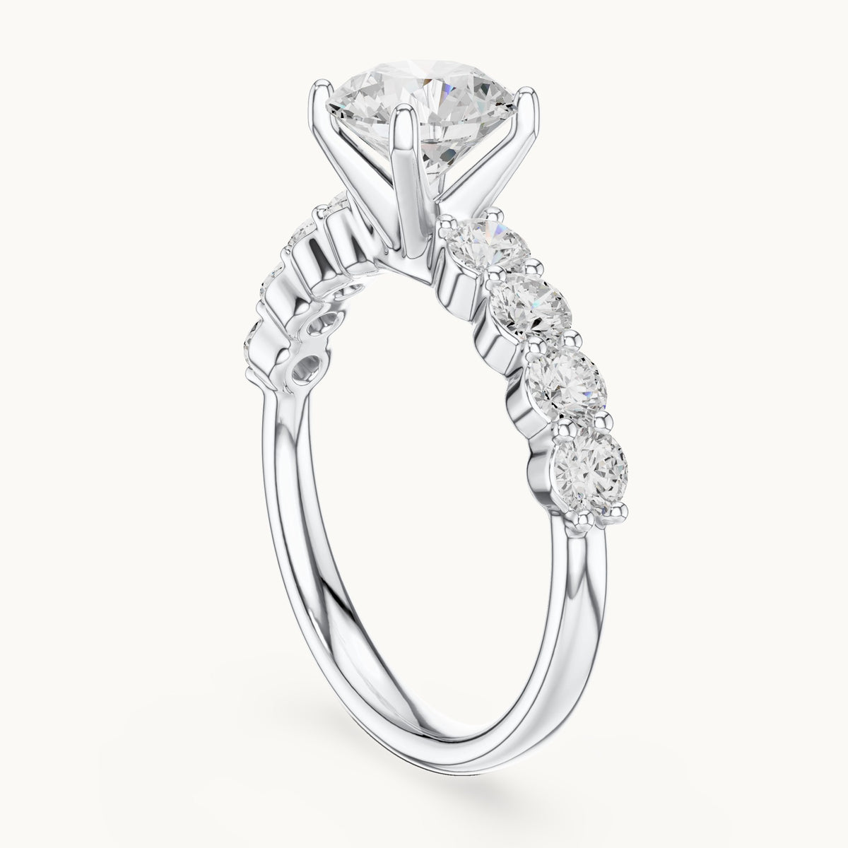 Round lab-grown diamond graduated side stone engagement ring in white gold, 2.13 CT TW, view 1