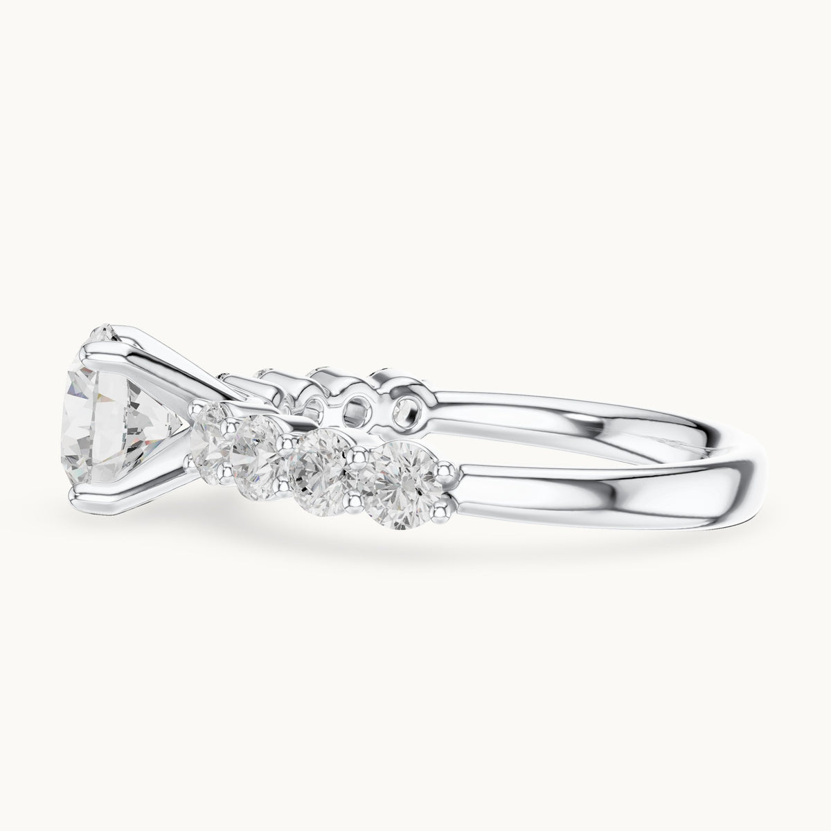 Round lab-grown diamond graduated side stone engagement ring in white gold, 2.13 CT TW, view 3