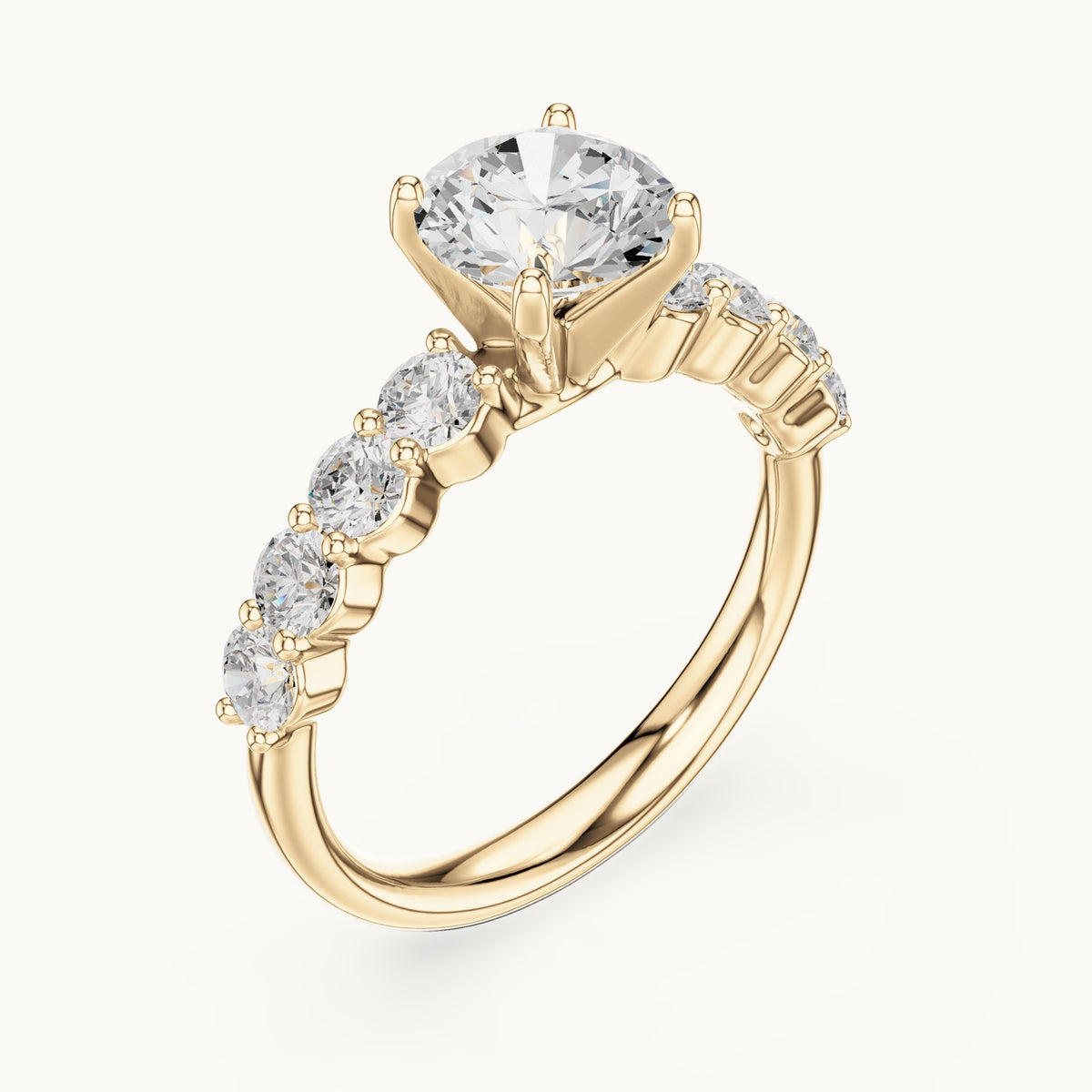 Round lab-grown diamond graduated side stone engagement ring in yellow gold, 2.13 CT TW, view 2