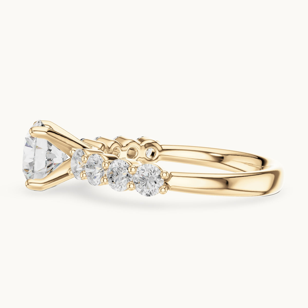 Round lab-grown diamond graduated side stone engagement ring in yellow gold, 2.13 CT TW, view 3