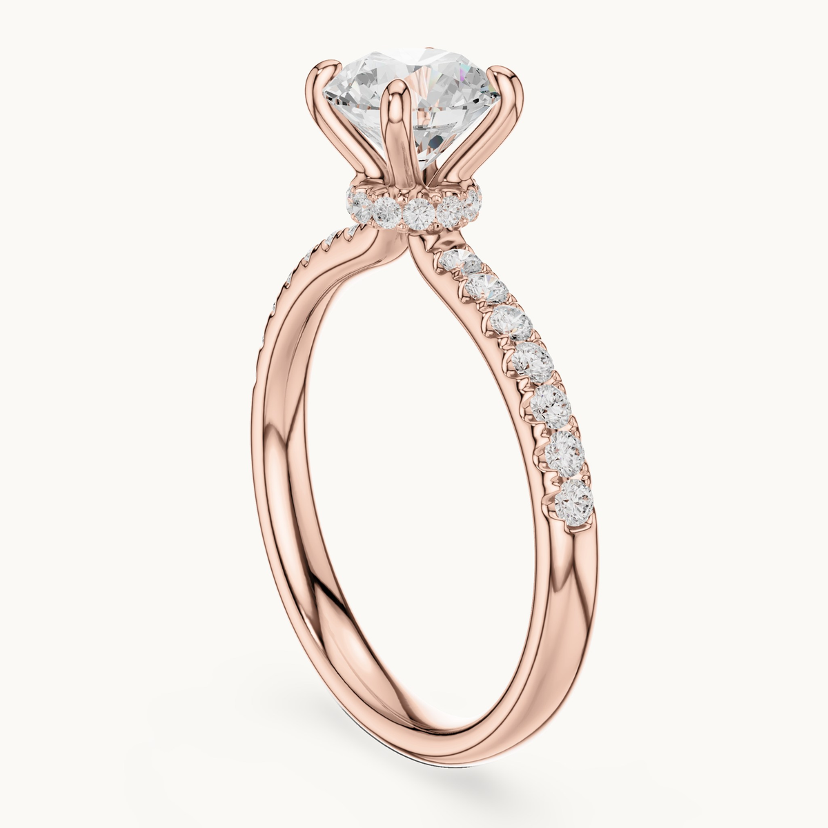 Round lab-grown diamond hidden halo engagement ring in 14K rose gold, 1.33 CT TW, view 1
