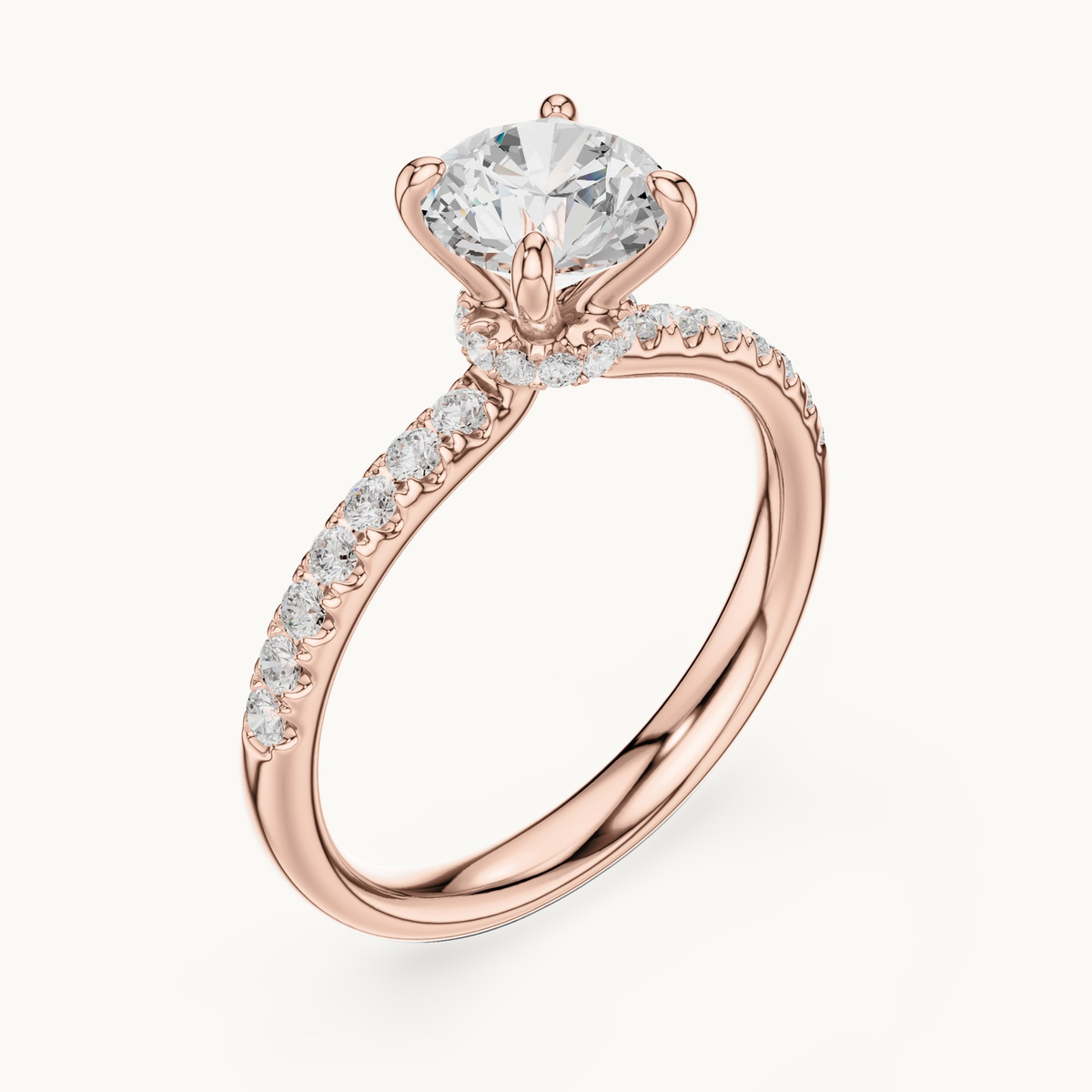 Round lab-grown diamond hidden halo engagement ring in 14K rose gold, 1.33 CT TW, view 2