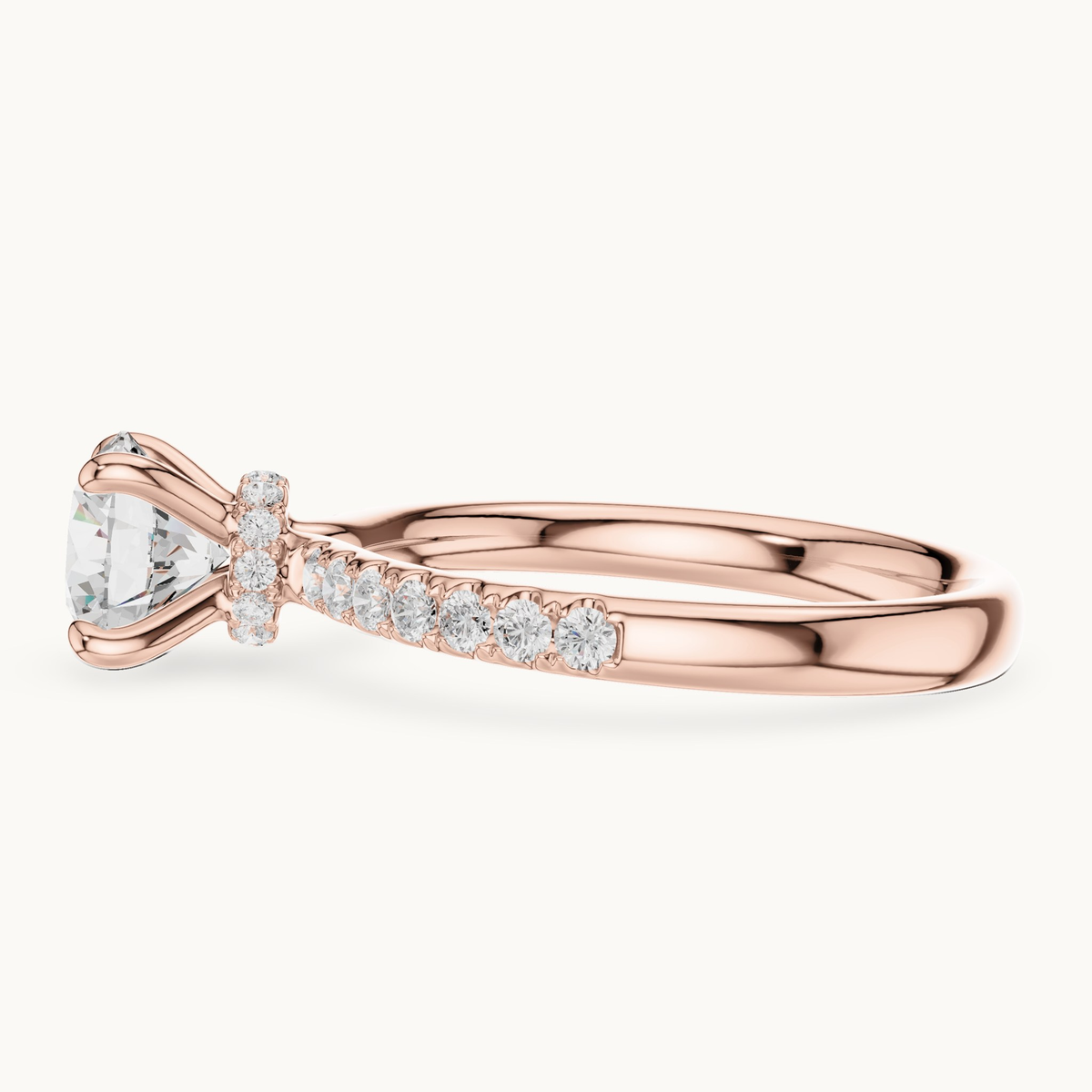 Round lab-grown diamond hidden halo engagement ring in 14K rose gold, 1.33 CT TW, view 3