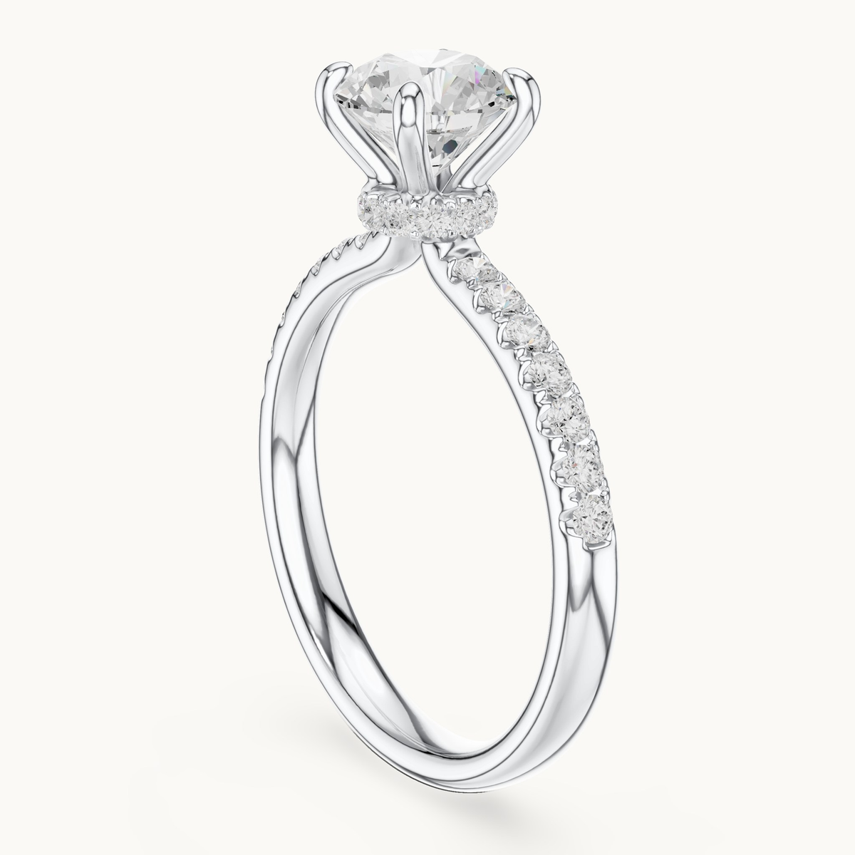 Round lab-grown diamond hidden halo engagement ring in 14K white gold, 1.33 CT TW, view 1