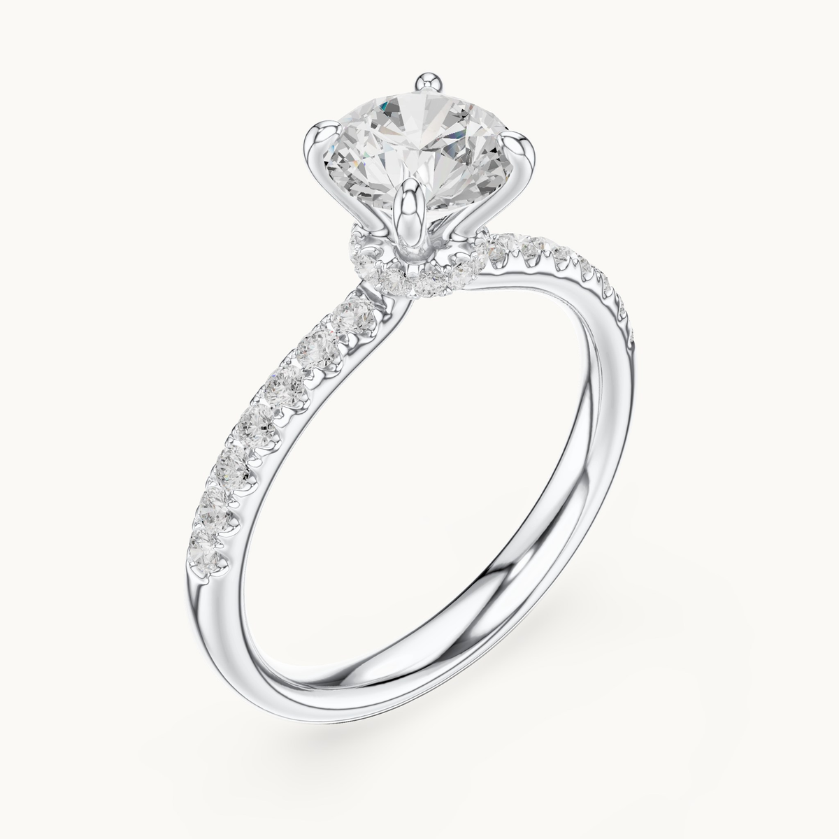 Round lab-grown diamond hidden halo engagement ring in 14K white gold, 1.33 CT TW, view 2