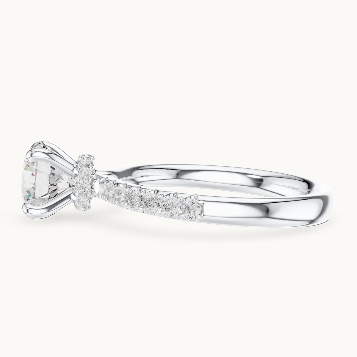 Round lab-grown diamond hidden halo engagement ring in 14K white gold, 1.33 CT TW, view 3