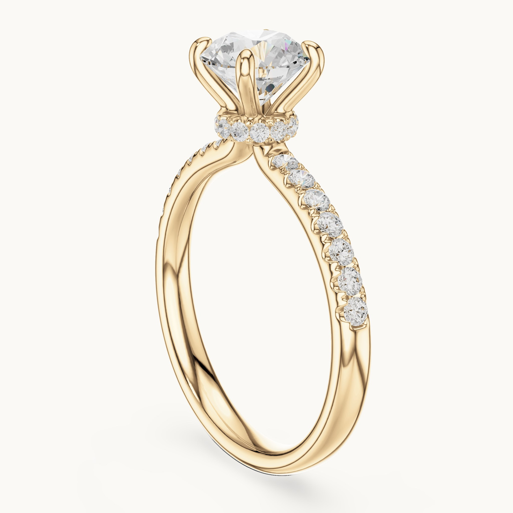Round lab-grown diamond hidden halo engagement ring in 14K yellow gold, 1.33 CT TW, view 1