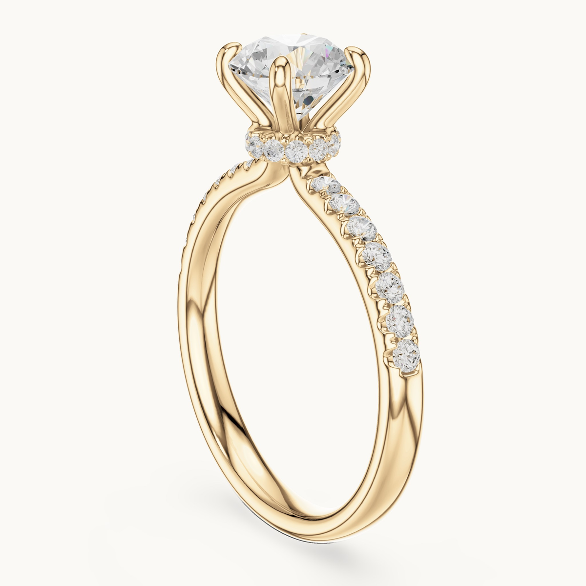 Round lab-grown diamond hidden halo engagement ring in 14K yellow gold, 1.33 CT TW, view 1