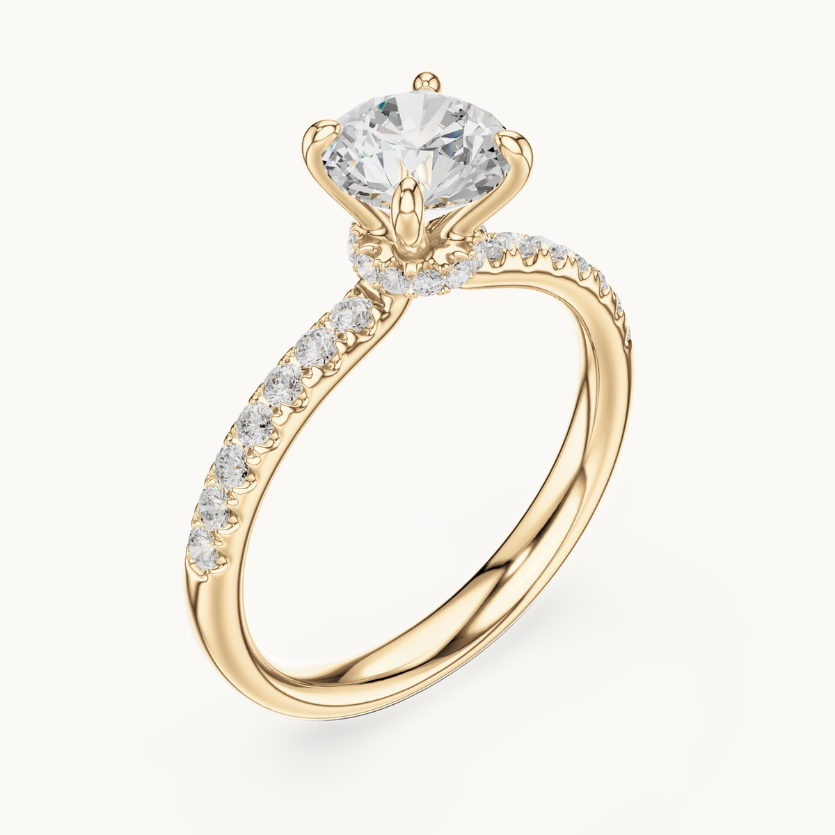 Round lab-grown diamond hidden halo engagement ring in 14K yellow gold, 1.33 CT TW, view 2