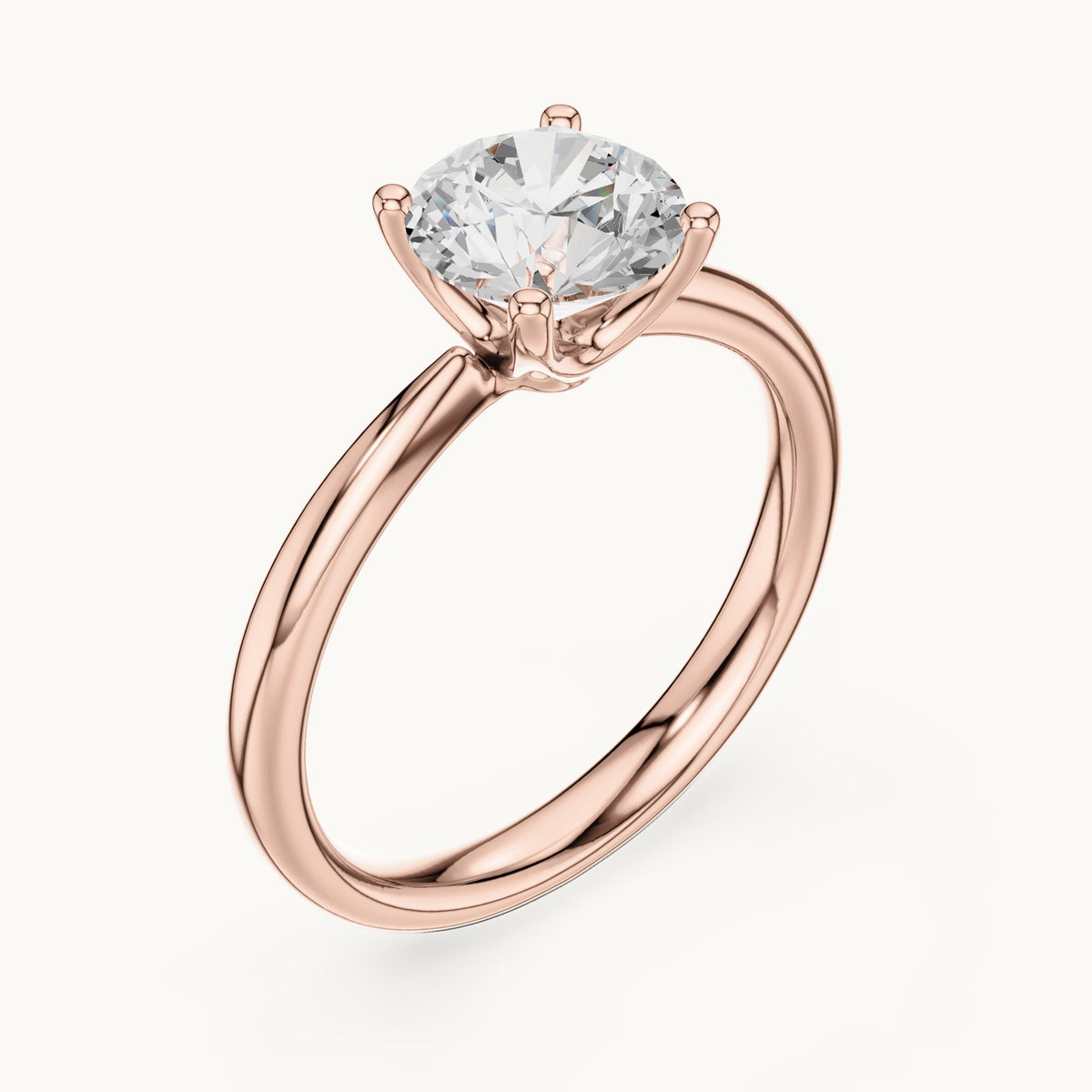Round lab-grown diamond pinched-gallery four-prong solitaire engagement ring in rose gold, 1.44 CT TW, view 2