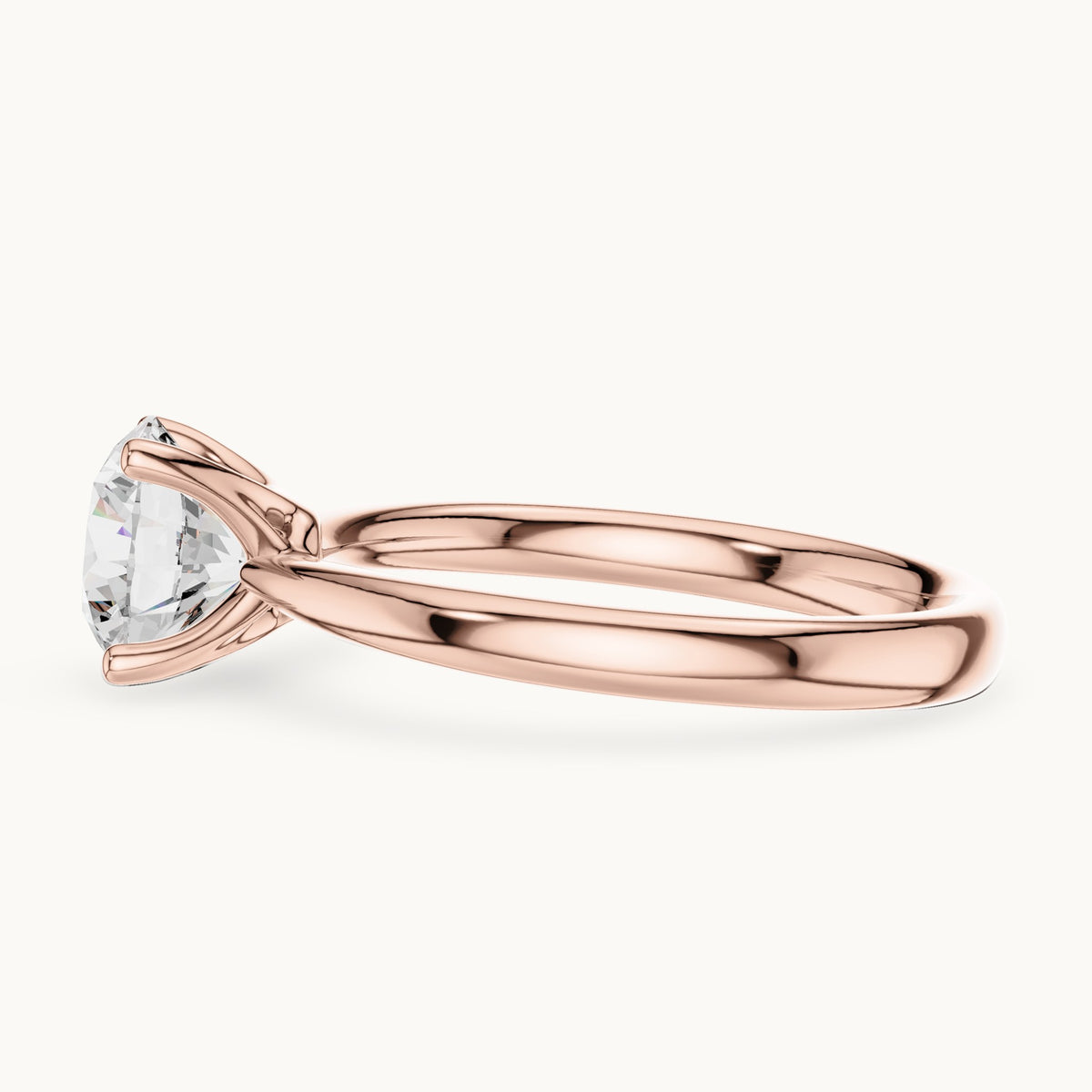 Round lab-grown diamond pinched-gallery four-prong solitaire engagement ring in rose gold, 1.44 CT TW, view 3