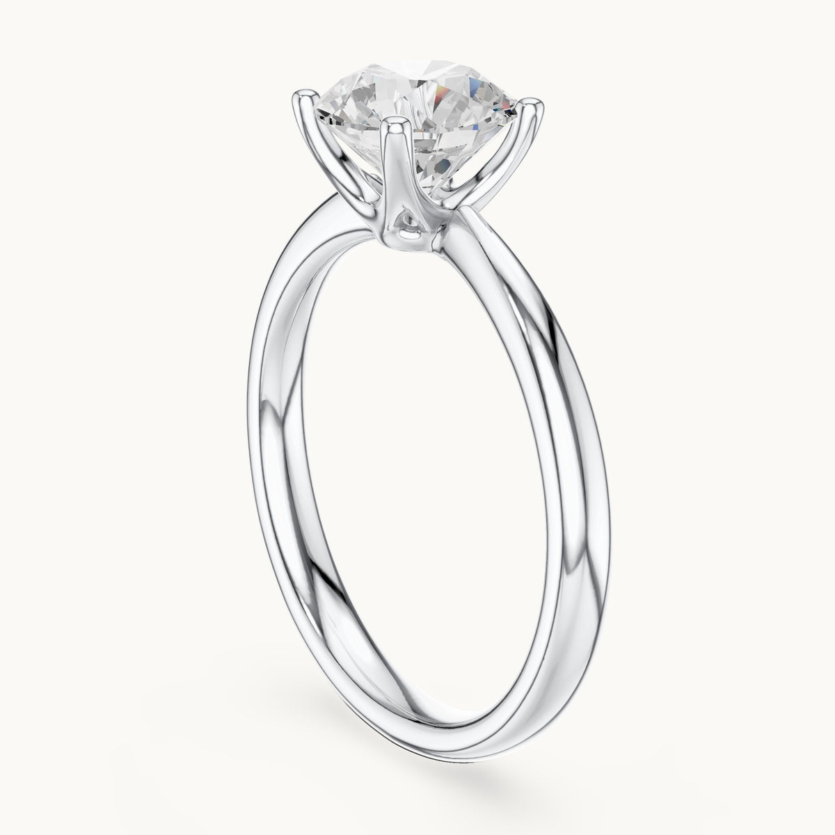 Round lab-grown diamond pinched-gallery four-prong solitaire engagement ring in white gold, 1.44 CT TW, view 1
