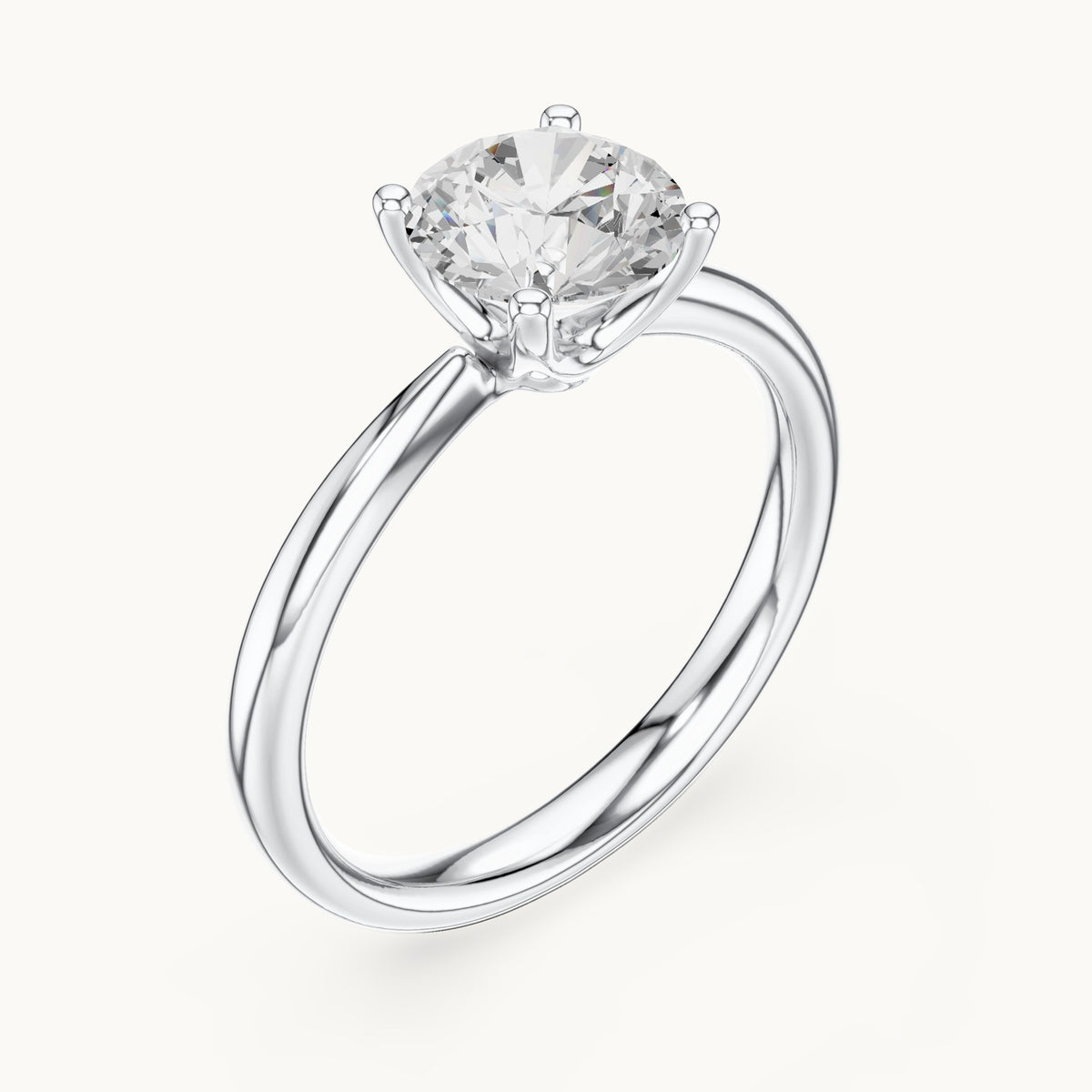 Round lab-grown diamond pinched-gallery four-prong solitaire engagement ring in white gold, 1.44 CT TW, view 2
