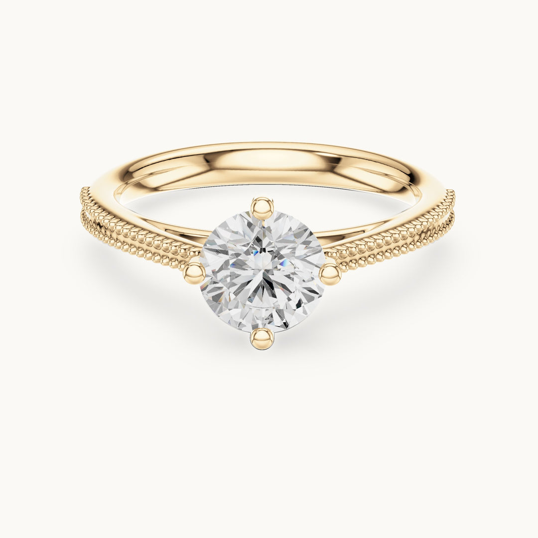 Round lab-grown diamond milgrain-band four-prong solitaire engagement ring in yellow gold, 0.85 CT TW, view 4