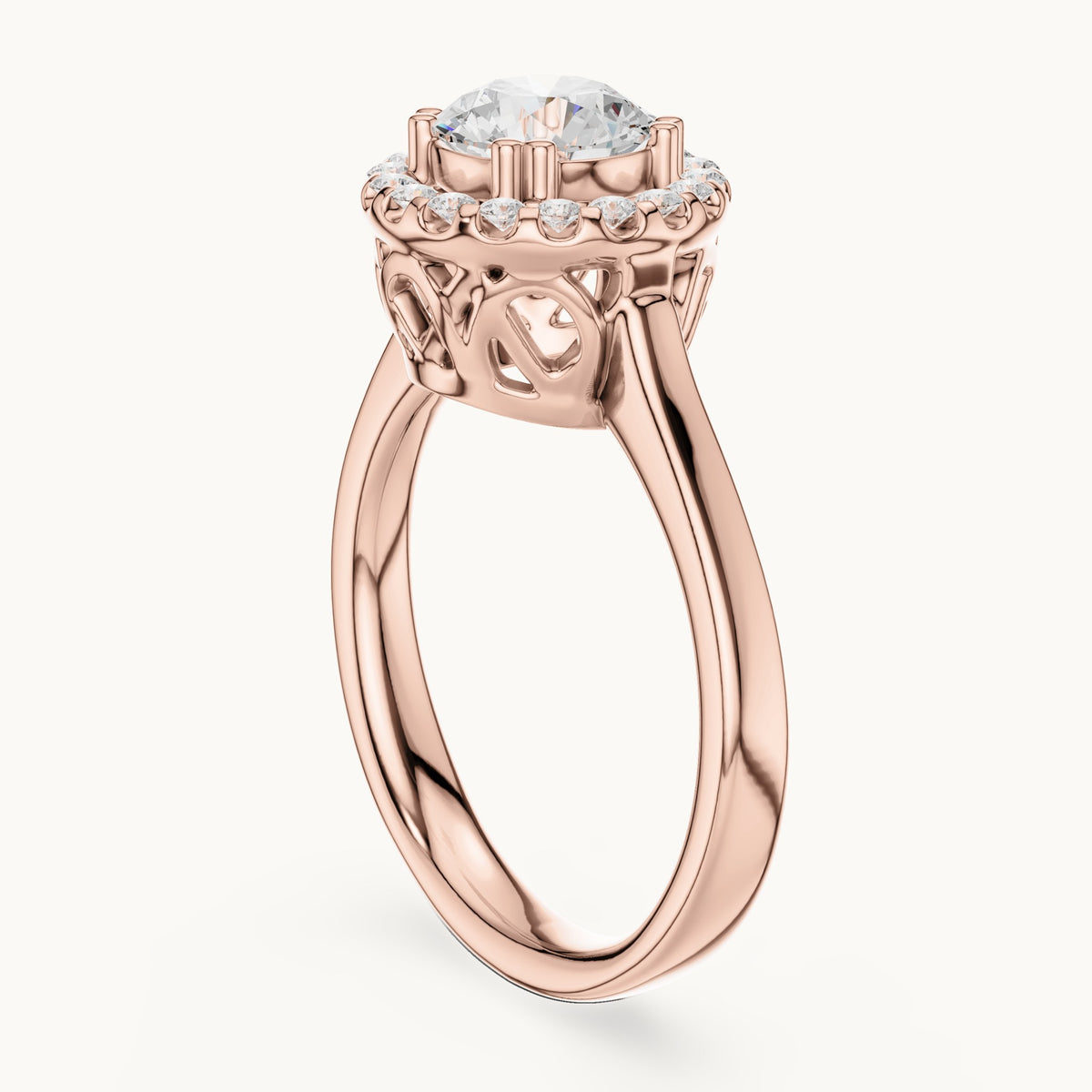 Round lab-grown diamond halo engagement ring with scroll gallery in rose gold, 1.16 CT TW, view 1
