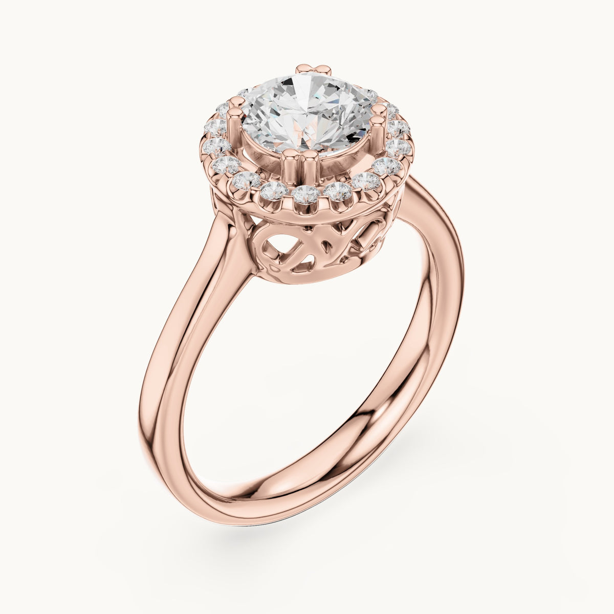 Round lab-grown diamond halo engagement ring with scroll gallery in rose gold, 1.16 CT TW, view 2