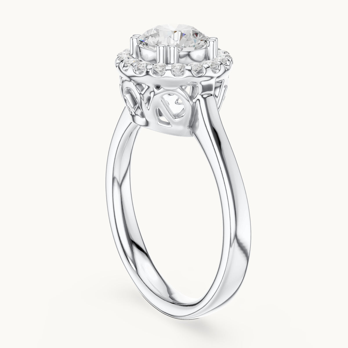 Round lab-grown diamond halo engagement ring with scroll gallery in white gold, 1.16 CT TW, view 1