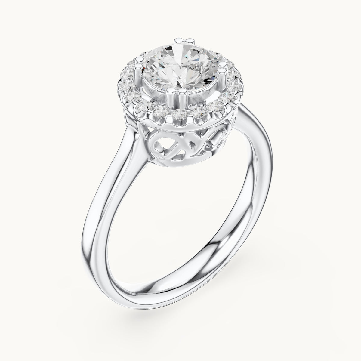 Round lab-grown diamond halo engagement ring with scroll gallery in white gold, 1.16 CT TW, view 2