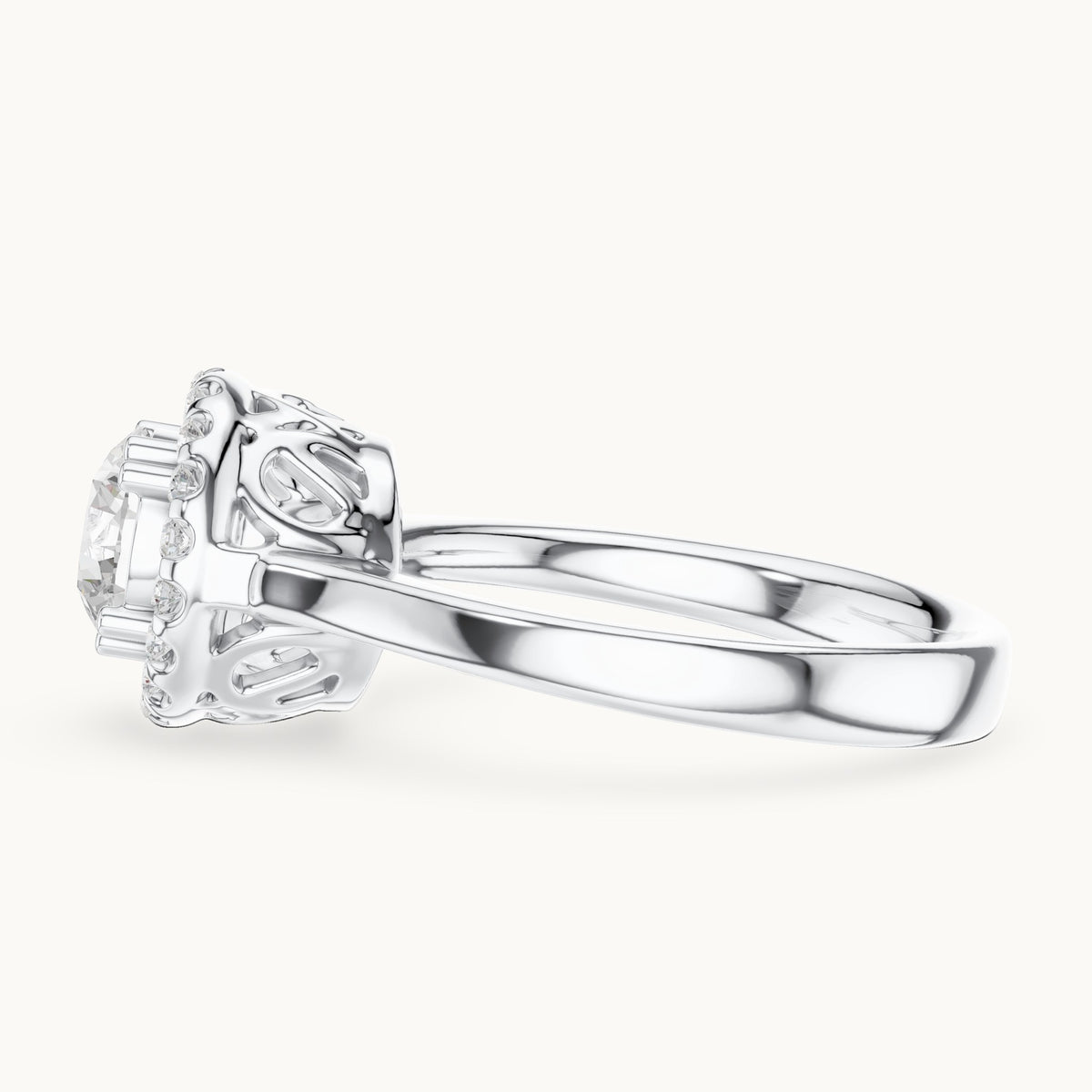 Round lab-grown diamond halo engagement ring with scroll gallery in white gold, 1.16 CT TW, view 3