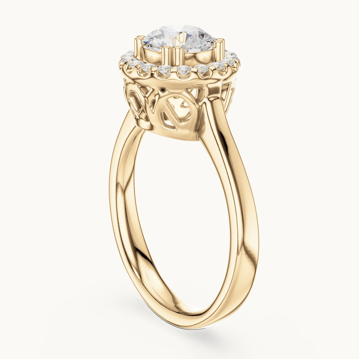 Round lab-grown diamond halo engagement ring with scroll gallery in yellow gold, 1.16 CT TW, view 1