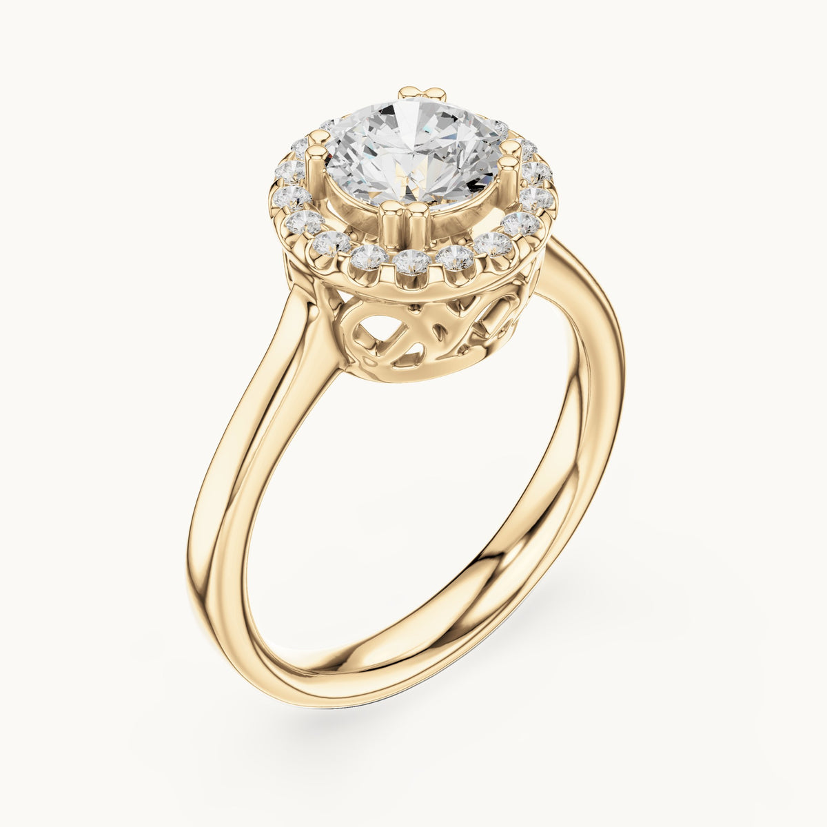 Round lab-grown diamond halo engagement ring with scroll gallery in yellow gold, 1.16 CT TW, view 2