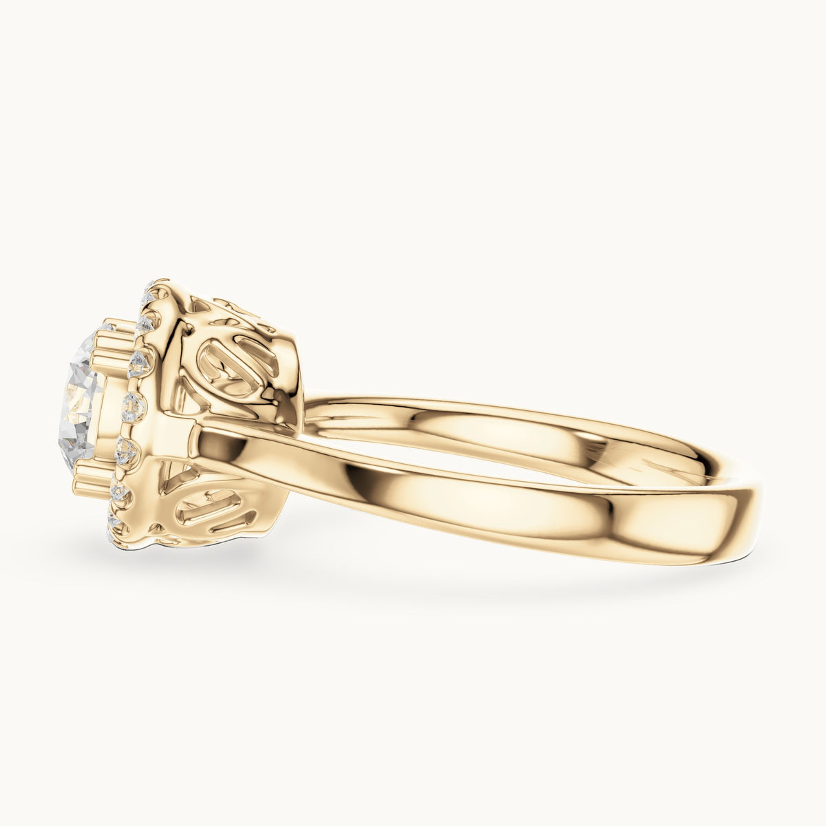 Round lab-grown diamond halo engagement ring with scroll gallery in yellow gold, 1.16 CT TW, view 3