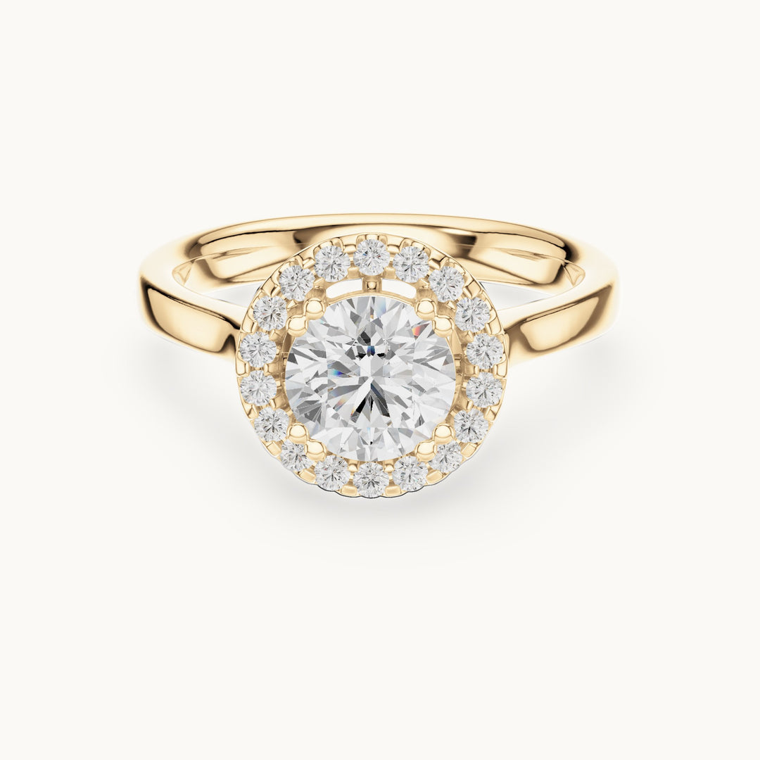 Round lab-grown diamond halo engagement ring with scroll gallery in yellow gold, 1.16 CT TW, view 4