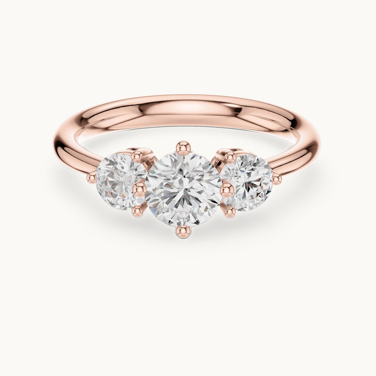 Round lab-grown diamond three-stone engagement ring in rose gold, 1.29 CT TW, view 4