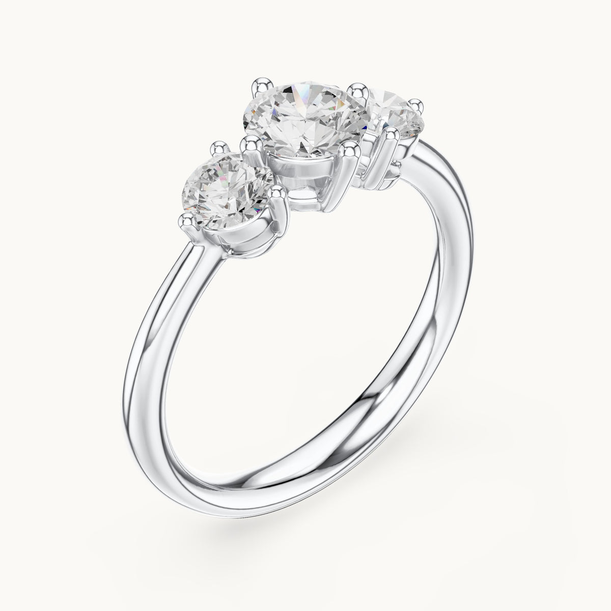 Round lab-grown diamond three-stone engagement ring in white gold, 1.29 CT TW, view 2
