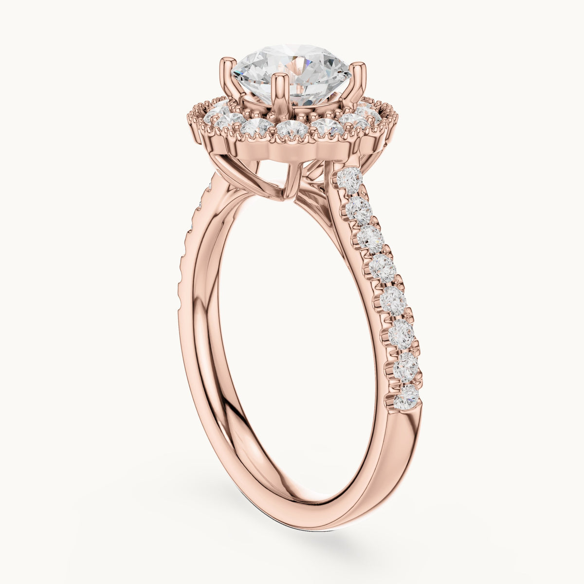 Round lab-grown diamond floral halo engagement ring in rose gold, 1.708 CT TW, view 1