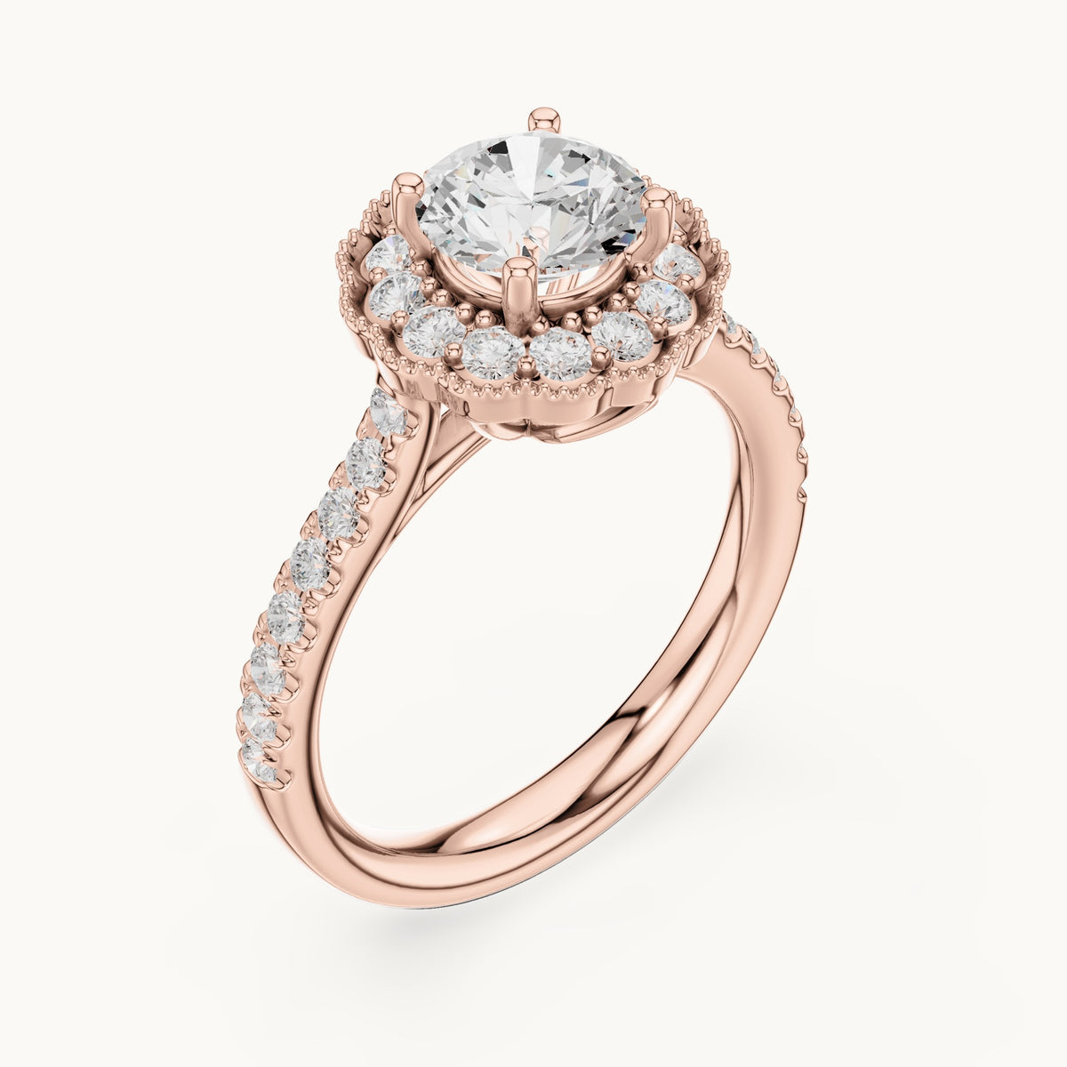 Round lab-grown diamond floral halo engagement ring in rose gold, 1.708 CT TW, view 2