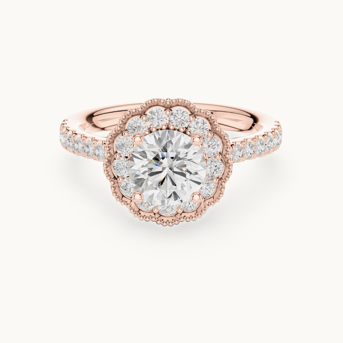 Round lab-grown diamond floral halo engagement ring in rose gold, 1.708 CT TW, view 4