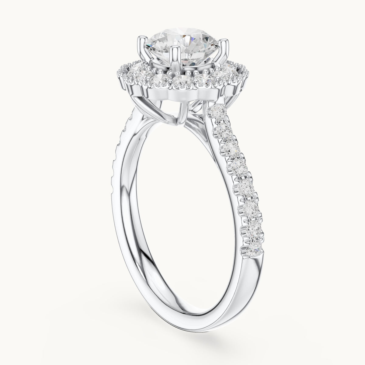 Round lab-grown diamond floral halo engagement ring in white gold, 1.708 CT TW, view 1