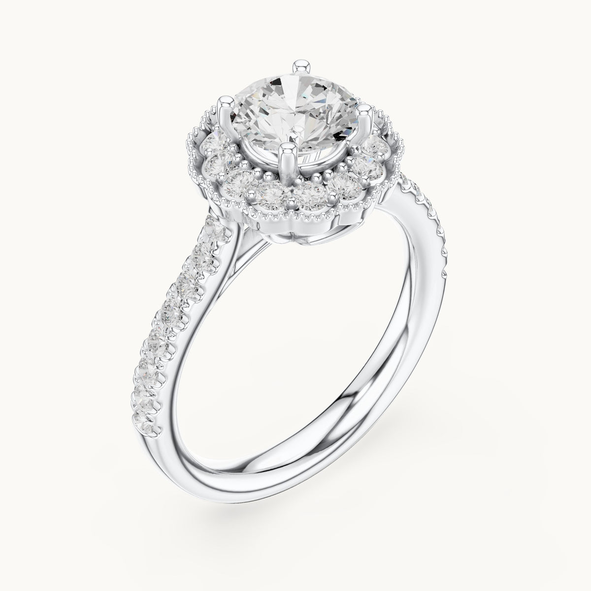 Round lab-grown diamond floral halo engagement ring in white gold, 1.708 CT TW, view 2