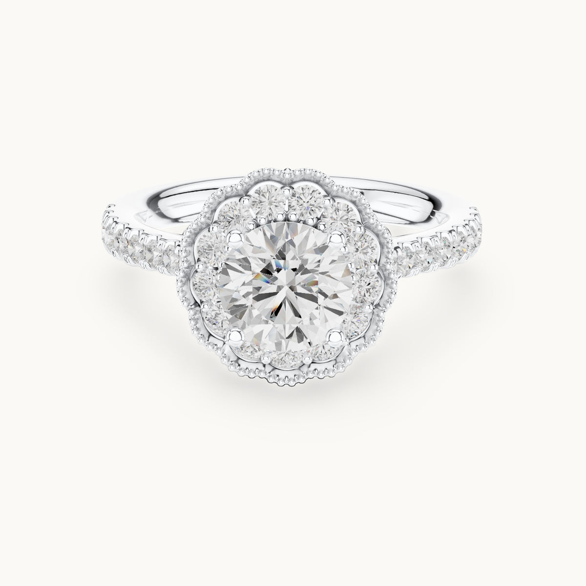 Round lab-grown diamond floral halo engagement ring in white gold, 1.708 CT TW, view 4