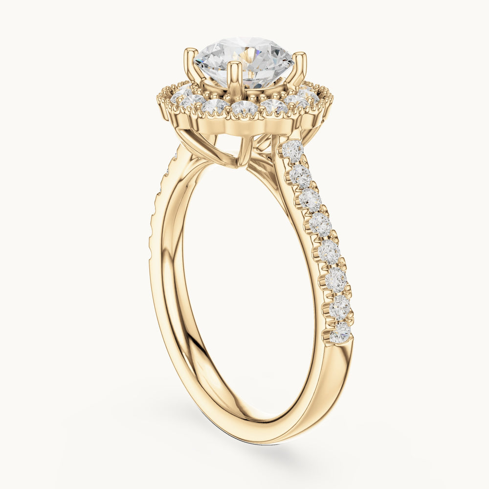 Round lab-grown diamond floral halo engagement ring in yellow gold, 1.708 CT TW, view 1
