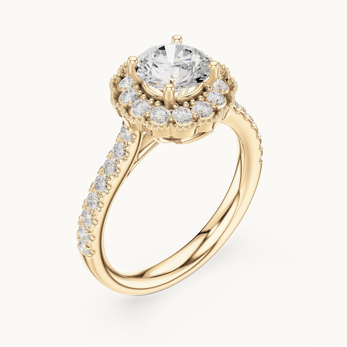 Round lab-grown diamond floral halo engagement ring in yellow gold, 1.708 CT TW, view 2