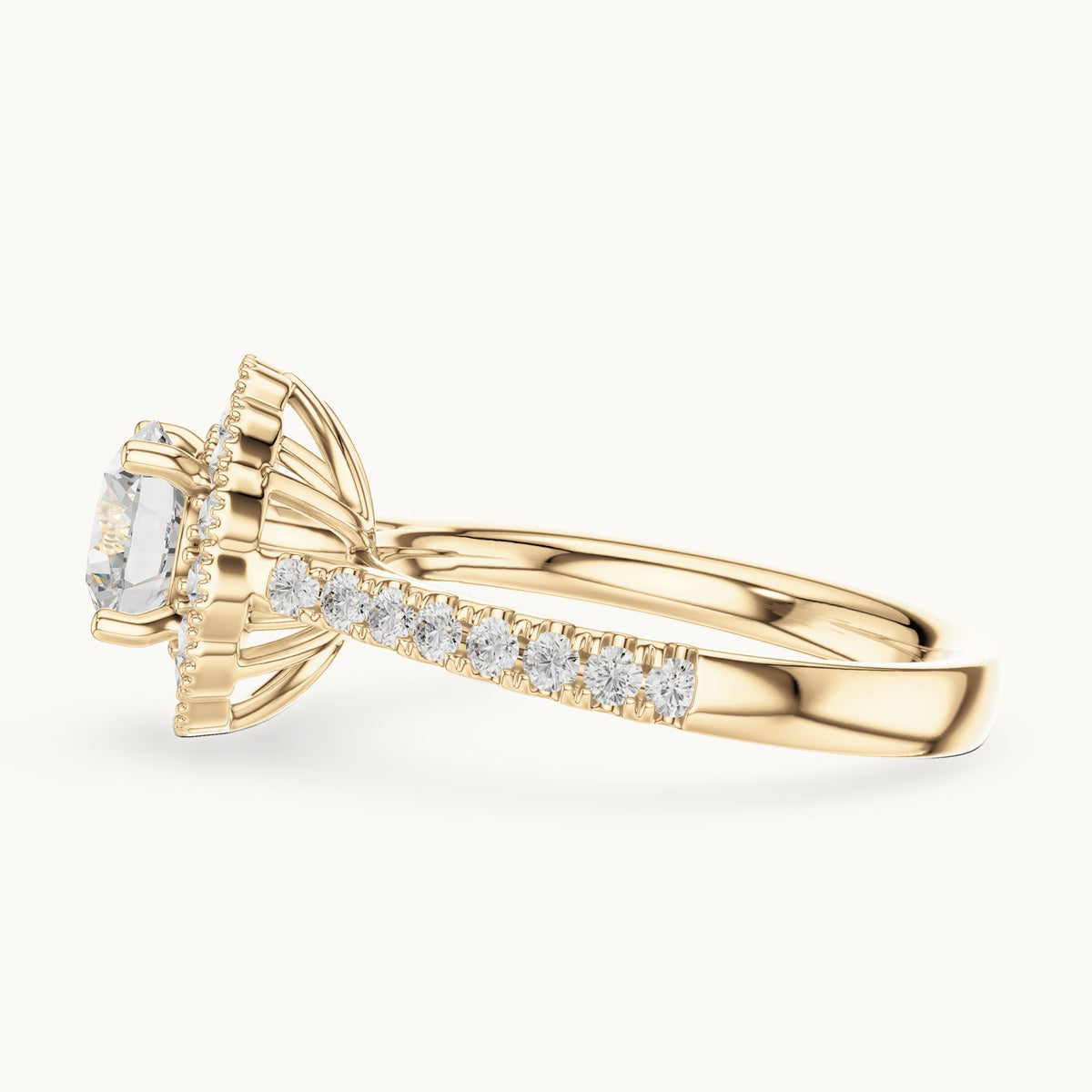 Round lab-grown diamond floral halo engagement ring in yellow gold, 1.708 CT TW, view 3