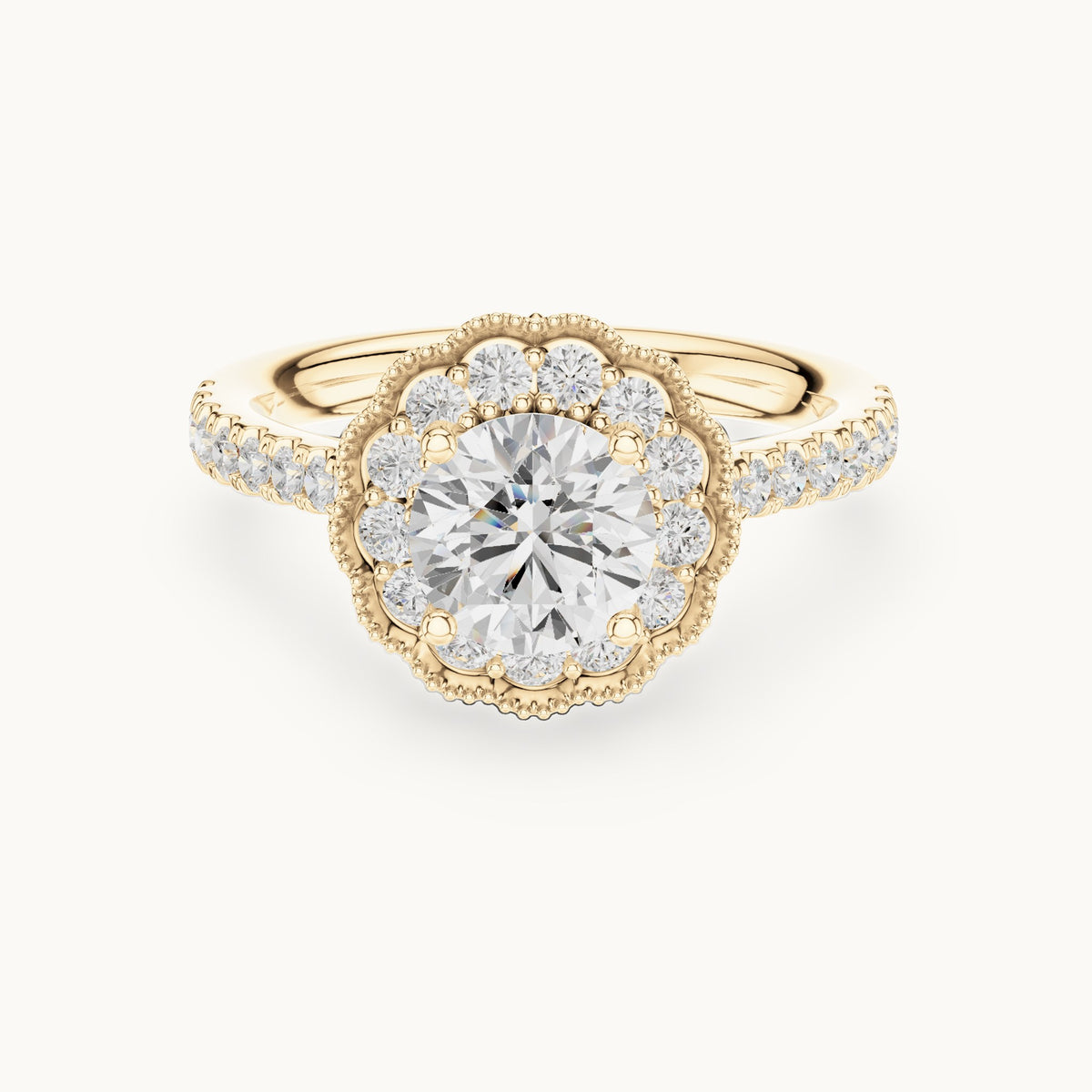 Round lab-grown diamond floral halo engagement ring in yellow gold, 1.708 CT TW, view 4