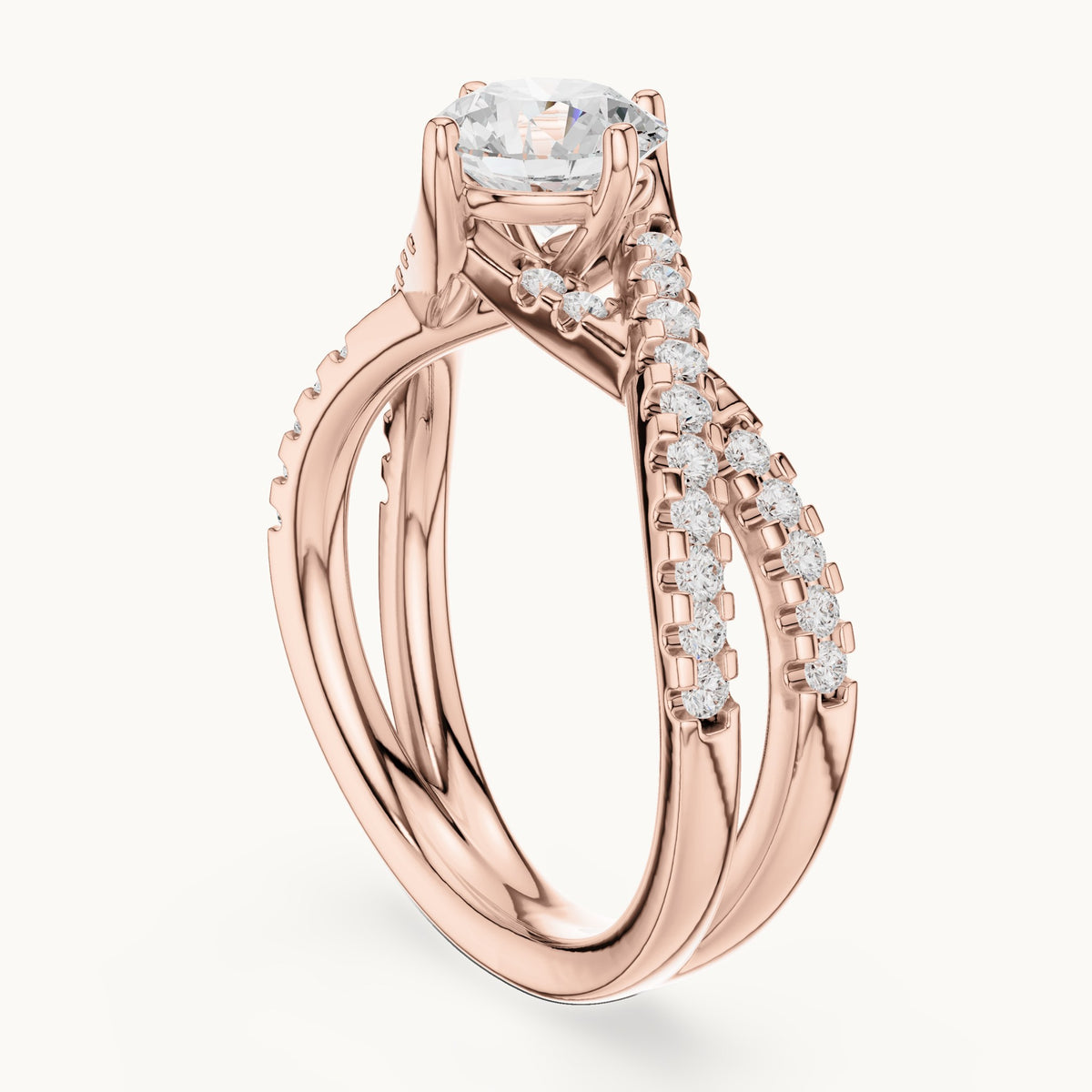 Round lab-grown diamond twisted pavé engagement ring in rose gold, 1.543 CT TW, view 1