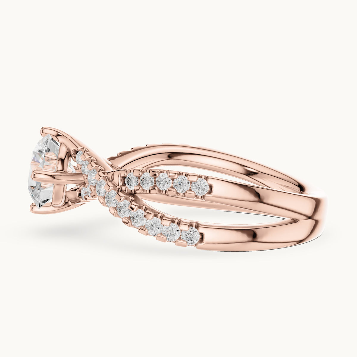 Round lab-grown diamond twisted pavé engagement ring in rose gold, 1.543 CT TW, view 3