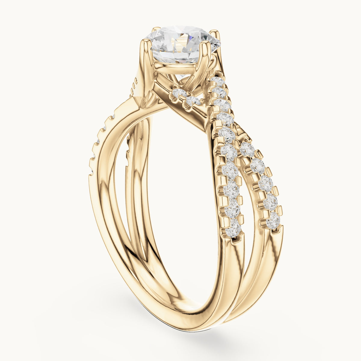 Round lab-grown diamond twisted pavé engagement ring in yellow gold, 1.543 CT TW, view 1