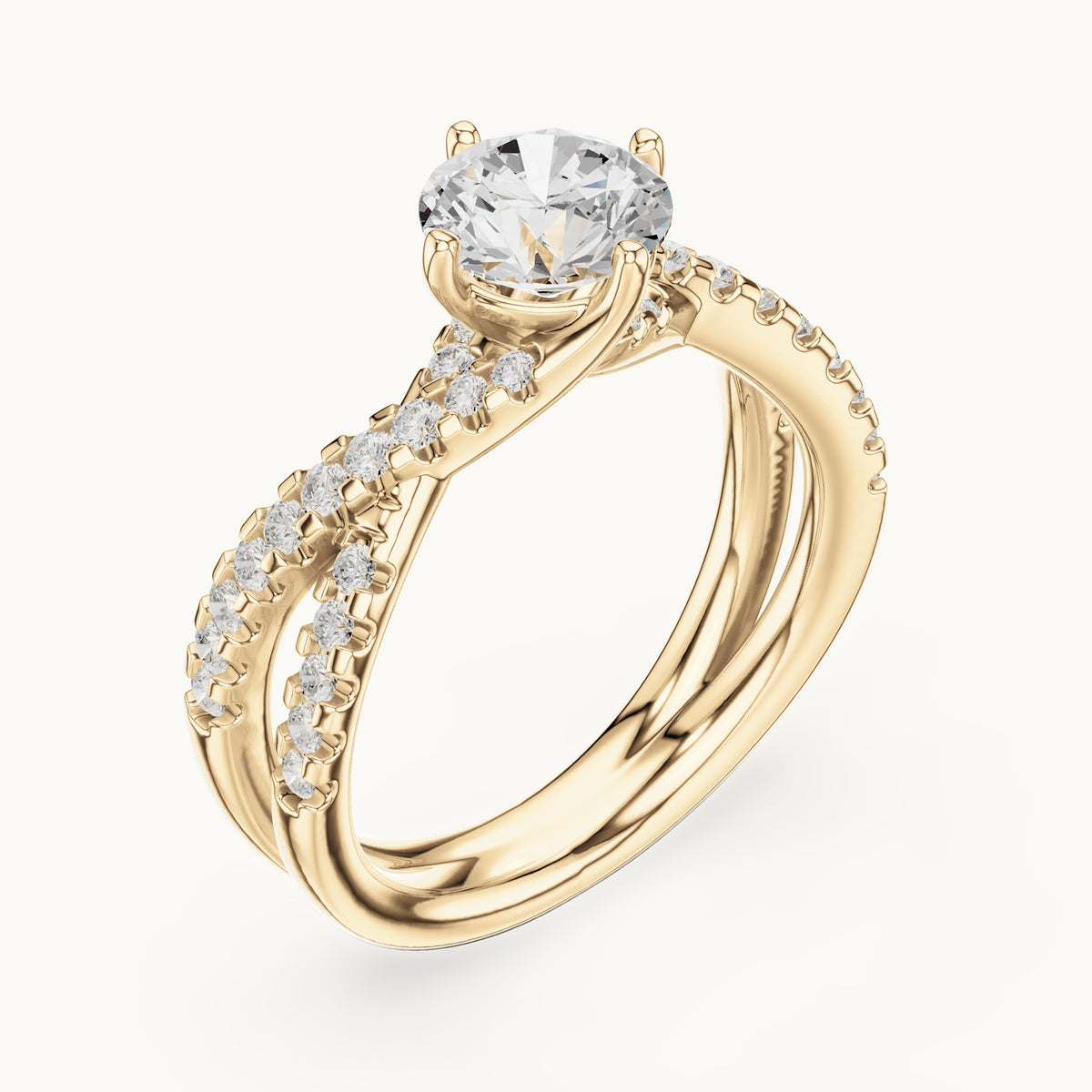 Round lab-grown diamond twisted pavé engagement ring in yellow gold, 1.543 CT TW, view 2