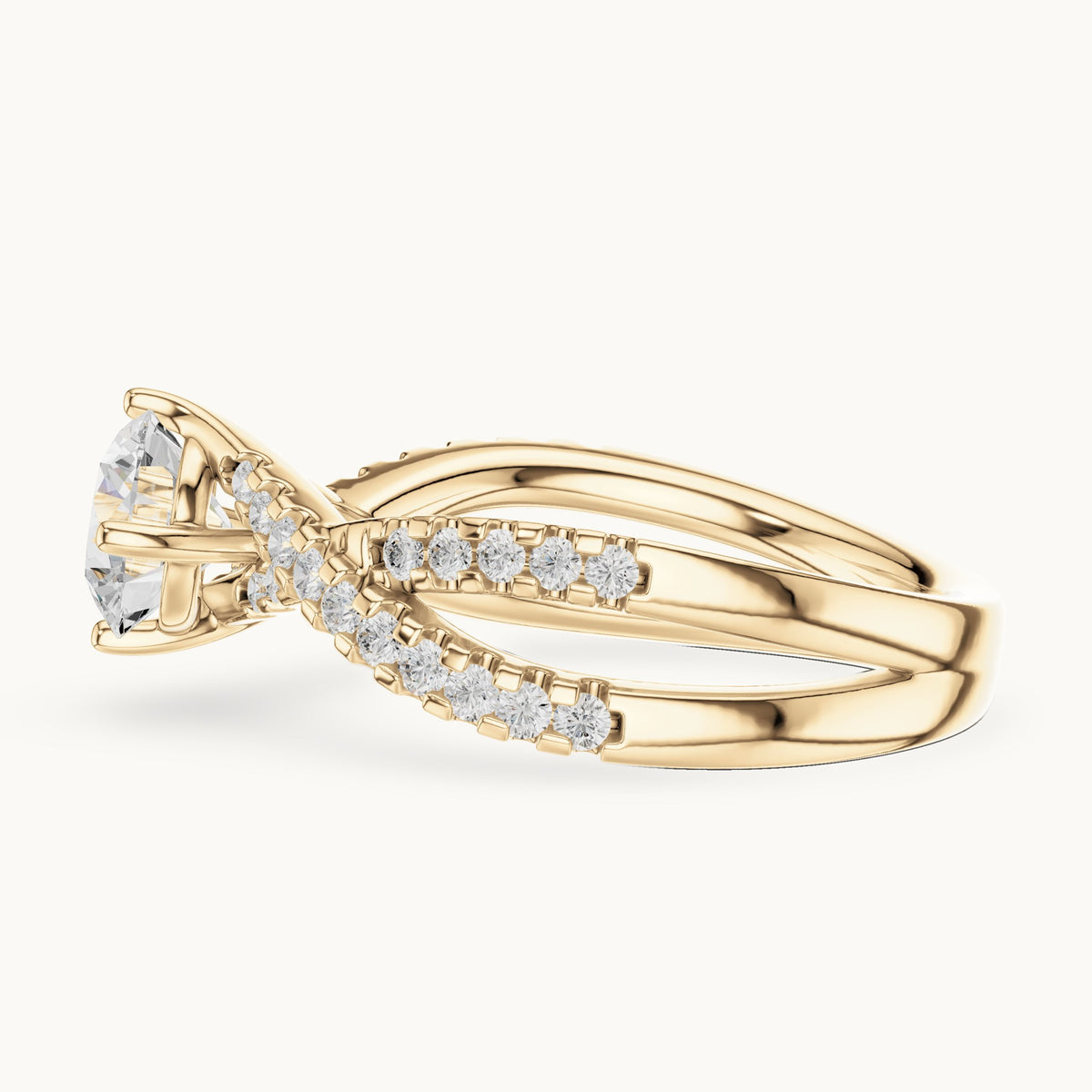 Round lab-grown diamond twisted pavé engagement ring in yellow gold, 1.543 CT TW, view 3