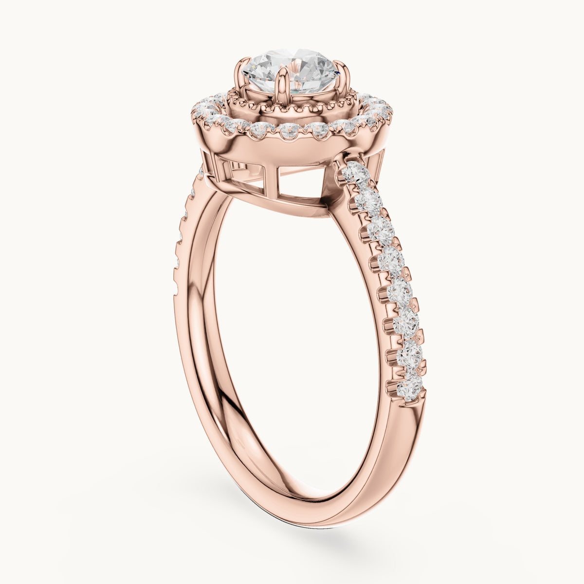 Round lab-grown diamond halo engagement ring with milgrain detail in rose gold, 0.898 CT TW, view 1