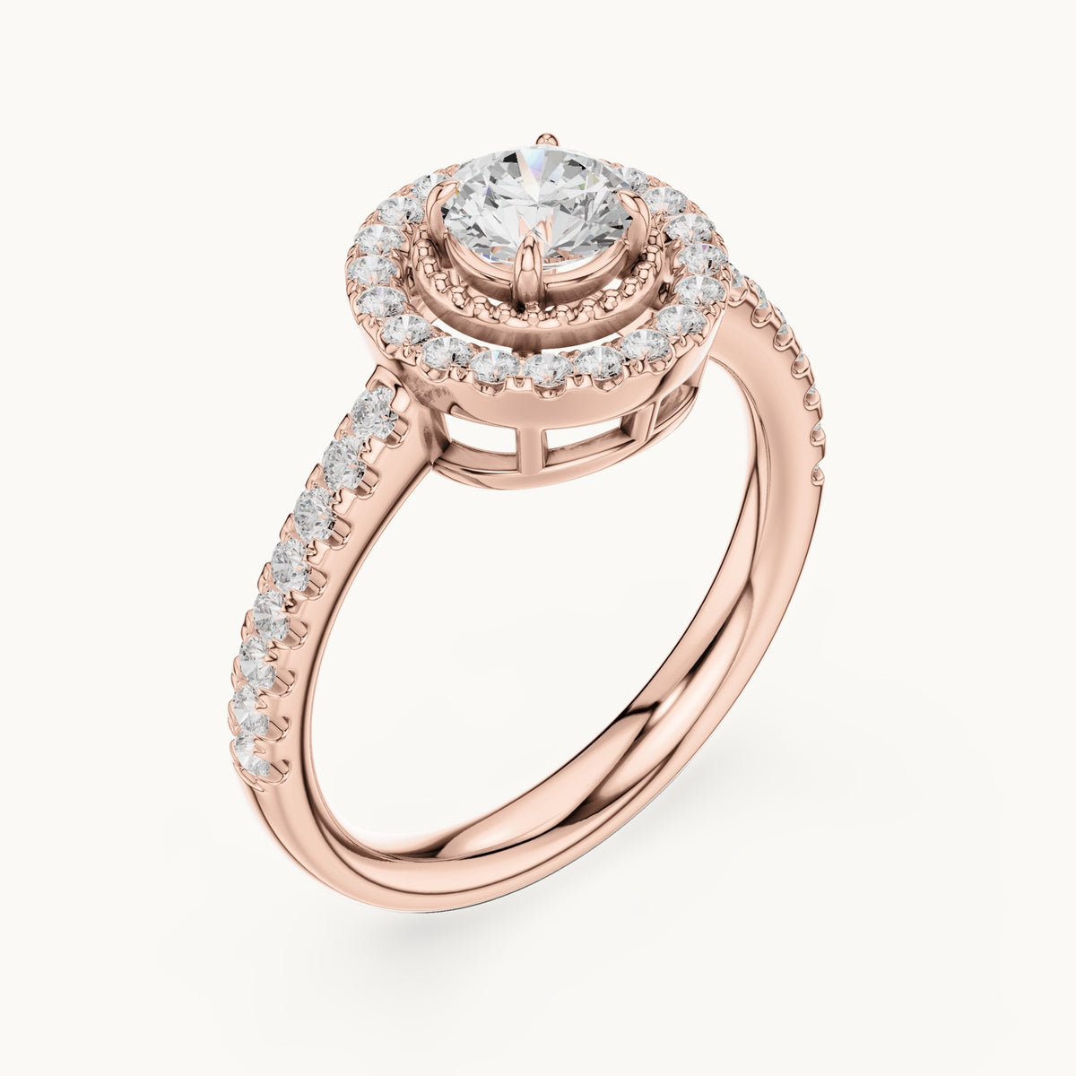 Round lab-grown diamond halo engagement ring with milgrain detail in rose gold, 0.898 CT TW, view 2