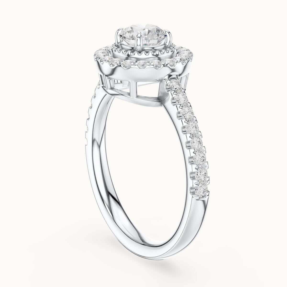 Round lab-grown diamond halo engagement ring with milgrain detail in white gold, 0.898 CT TW, view 1